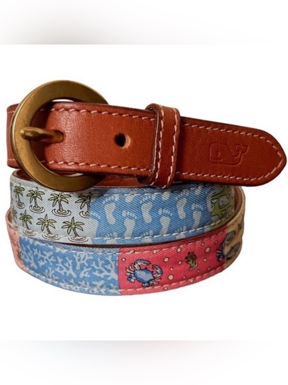 Vineyard Vines Patchwork Nautical Leather Belt Brass Buckle